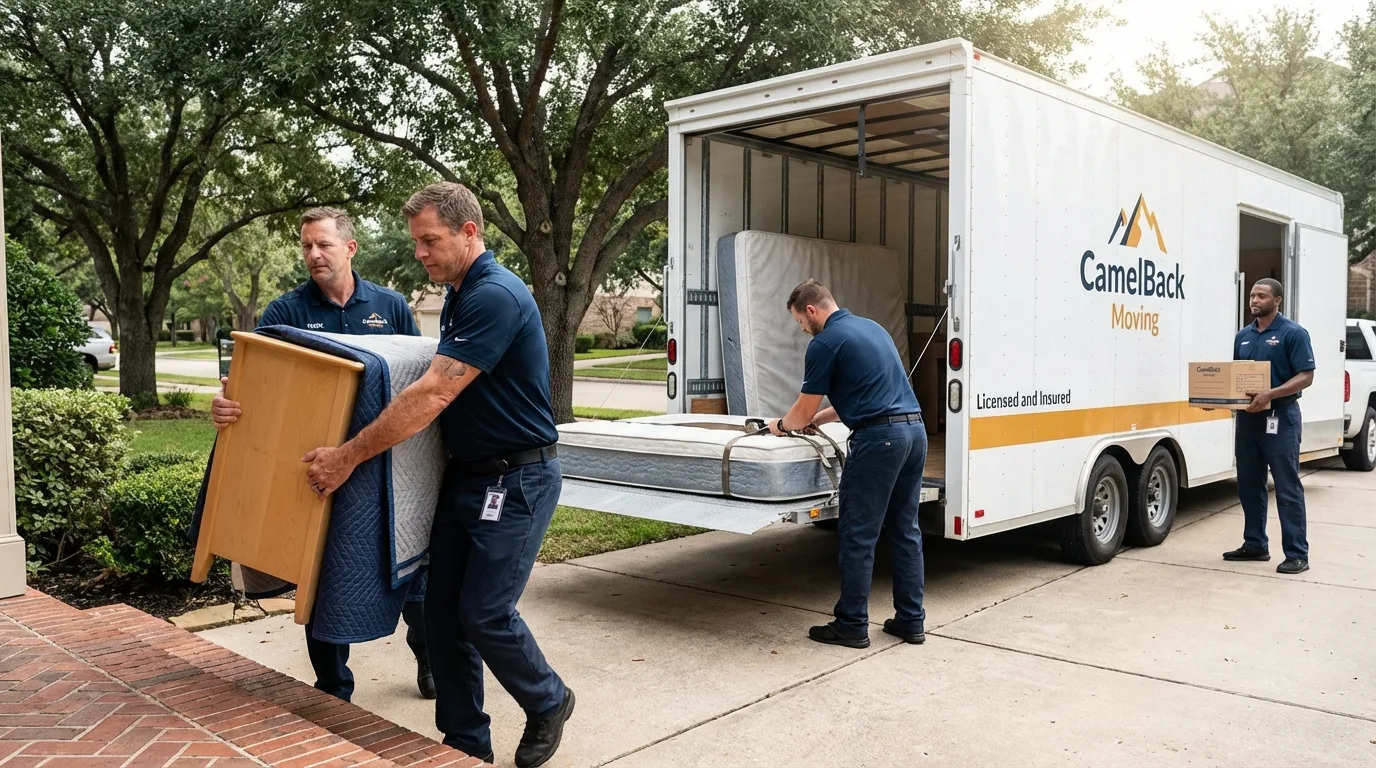 Crew loading residential truck for cross-state move from Gail, TX