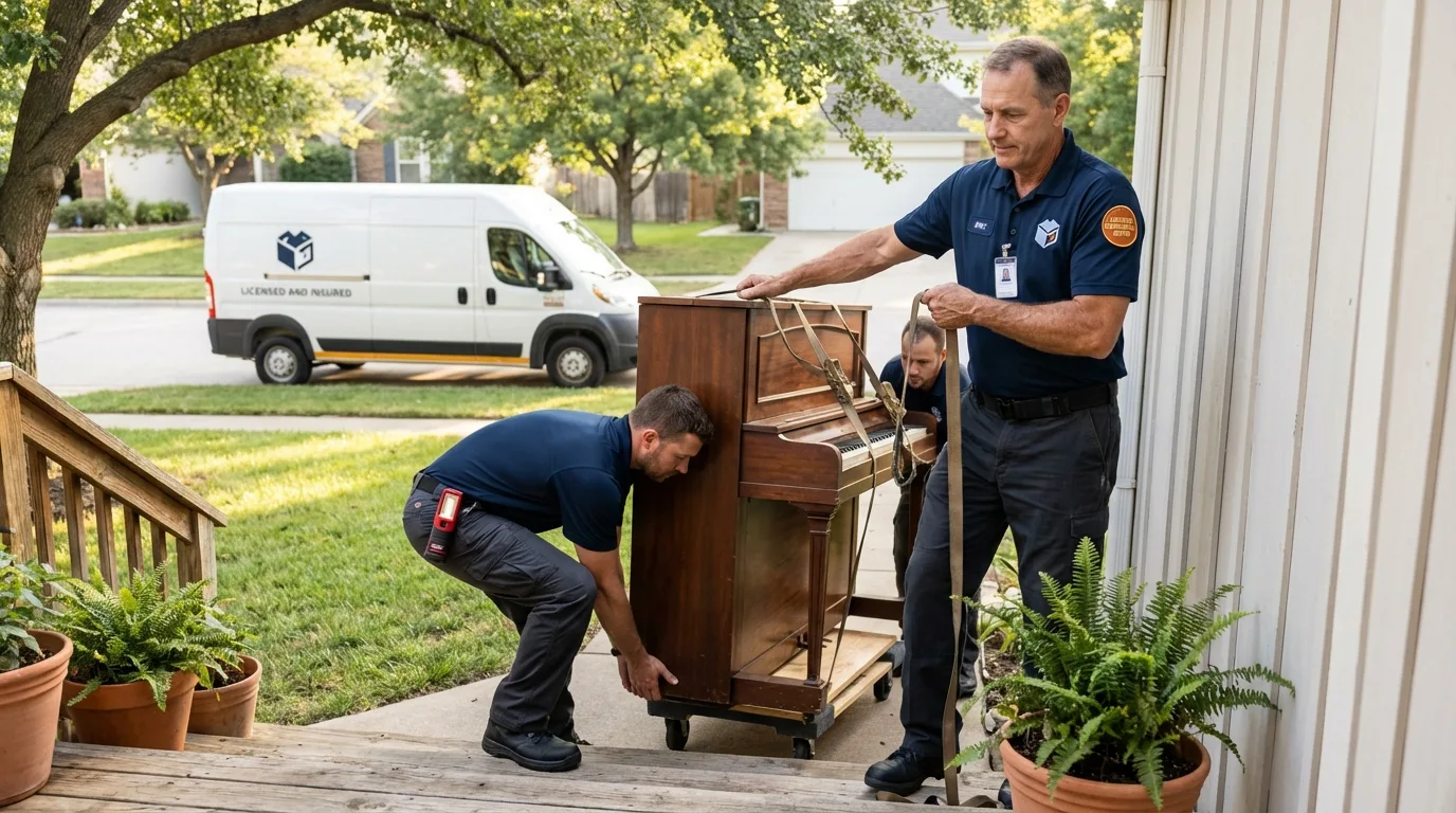 Licensed piano movers securing grand piano in Gail, TX