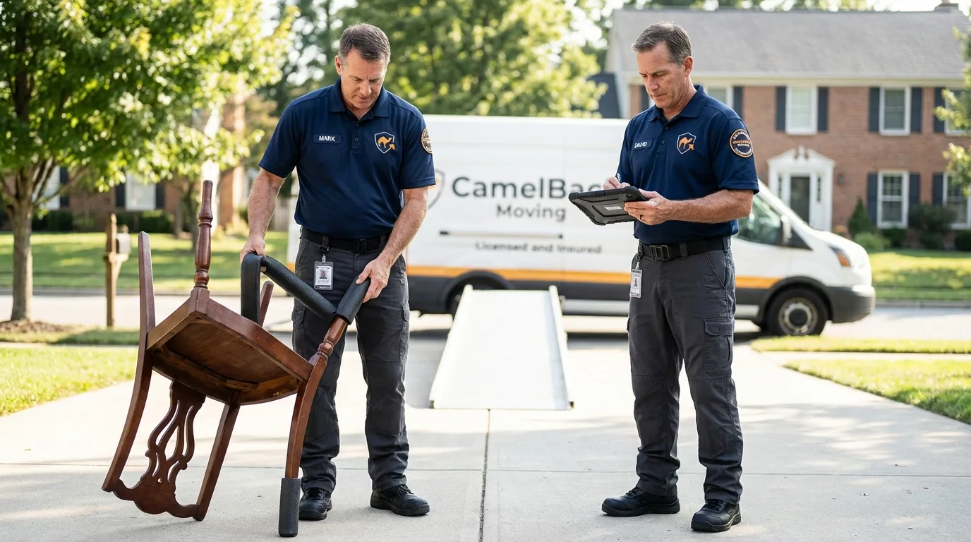 Movers inspecting furniture for damage prevention before loading in Gail, TX